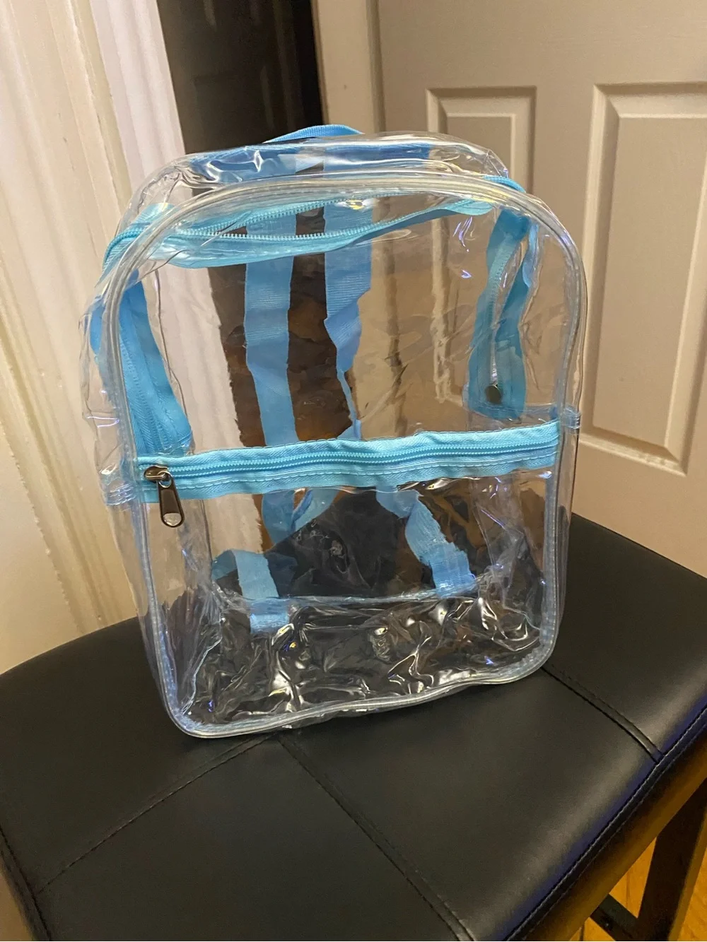 Clear PVC Backpack with Light Blue Trim,women's adjustable bag